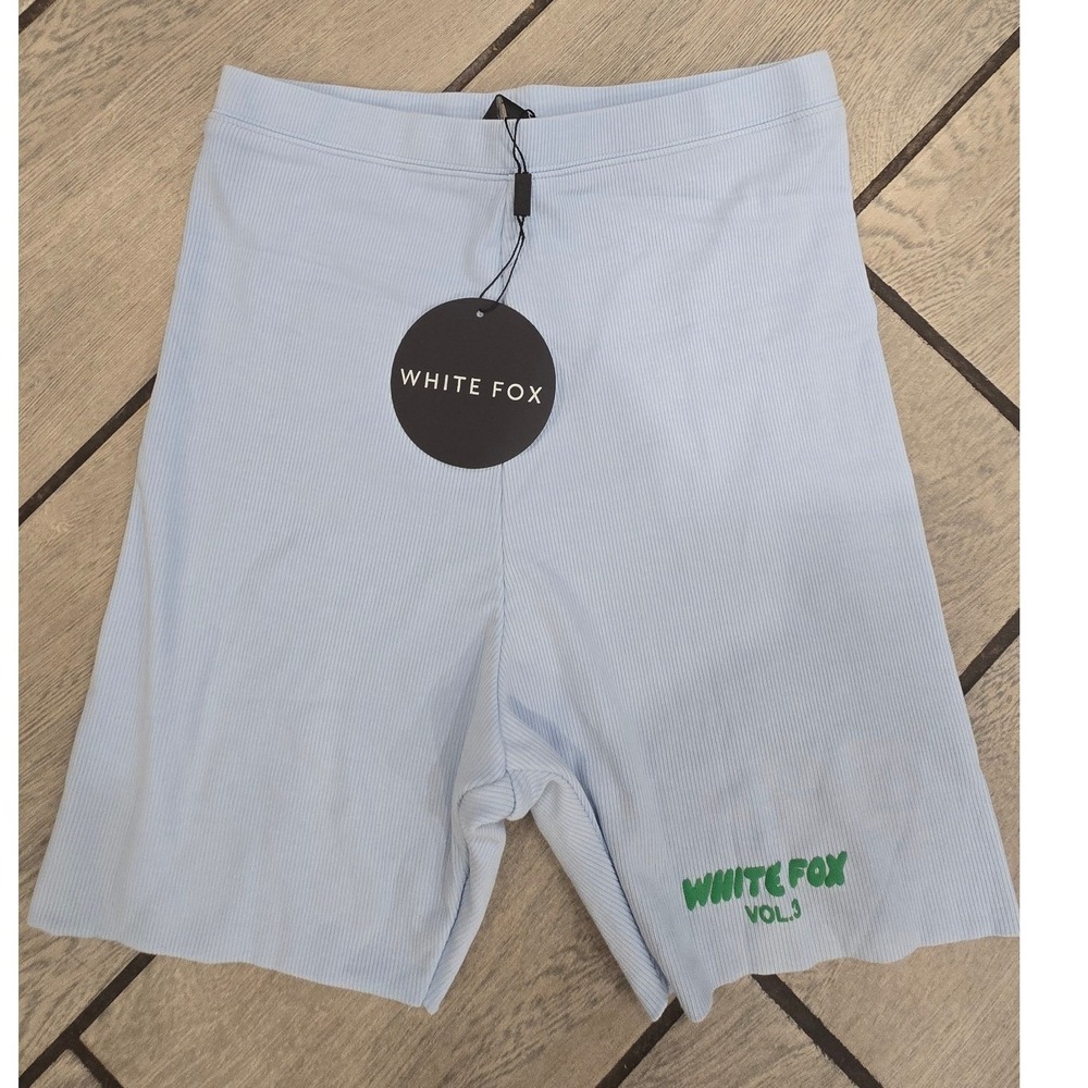 White Fox Offstage Ribbed Bike Shorts Arctic Blue Vol 3 Logo Medium NWT
